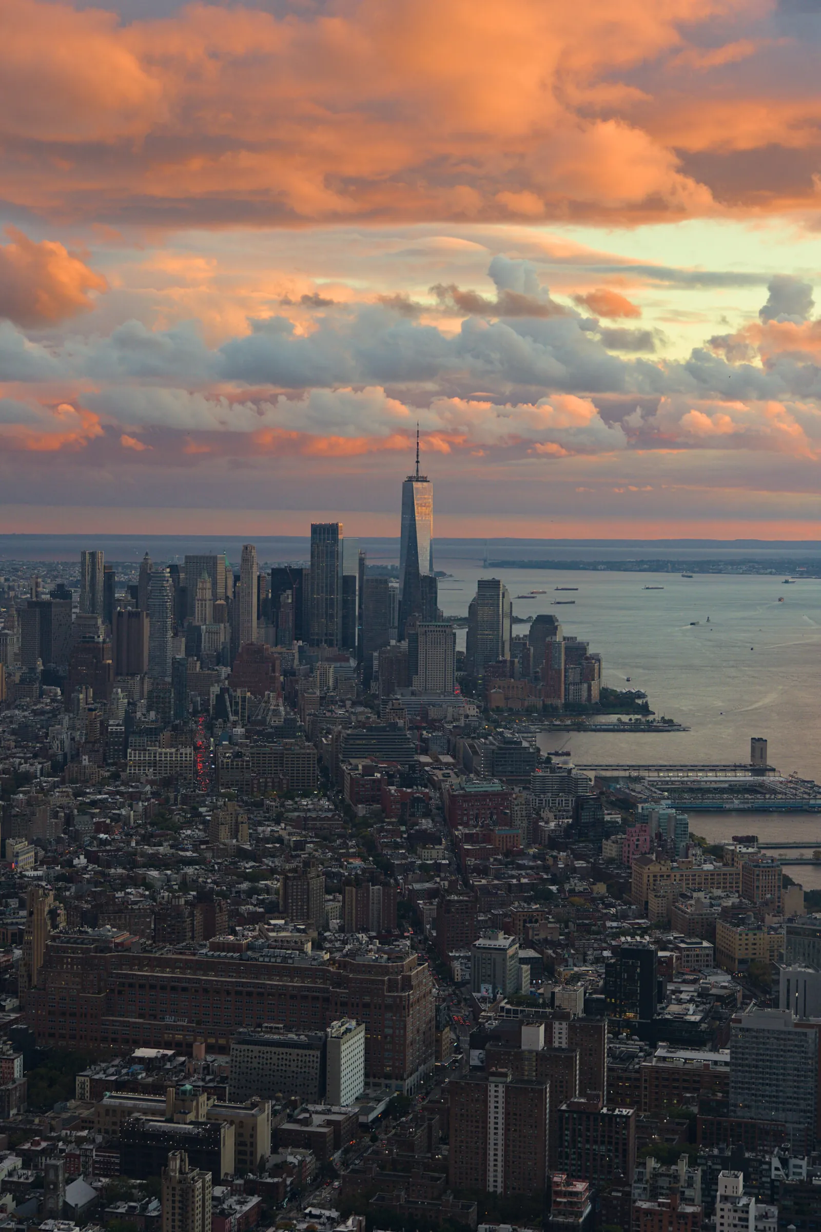 Lower Manhattan and the Hudson River at sunset